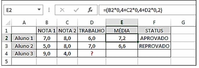 Planilha com notas e médias de três alunos, conforme a prova original